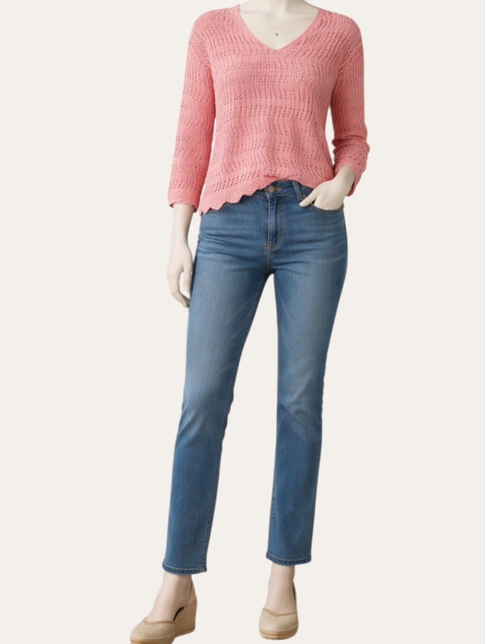 DEX Pink Crochet Knit Scallop Hem Sweater Coastal Chic Boho Small NWT